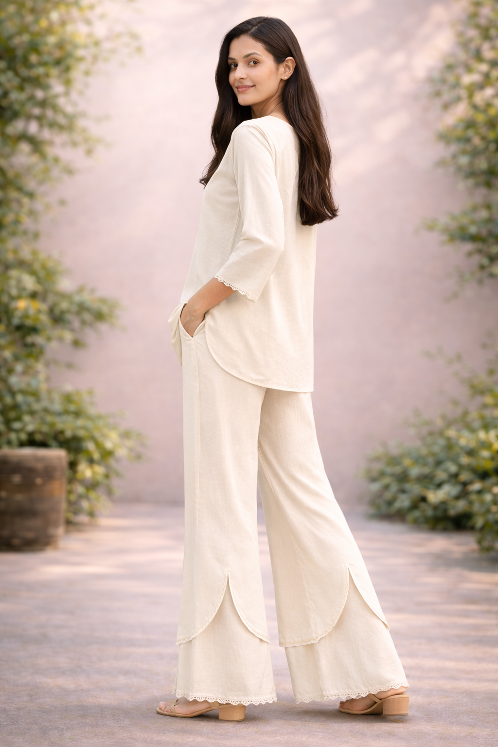 FLOWZO Women Comfortable Kurti Palazzo Set with Pockets | Stylish Curve Hem Kurti Pant Set for Women | Premium Home Wear Co-Ord Set
