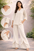 FLOWZO Women Comfortable Kurti Palazzo Set with Pockets | Stylish Curve Hem Kurti Pant Set for Women | Premium Home Wear Co-Ord Set
