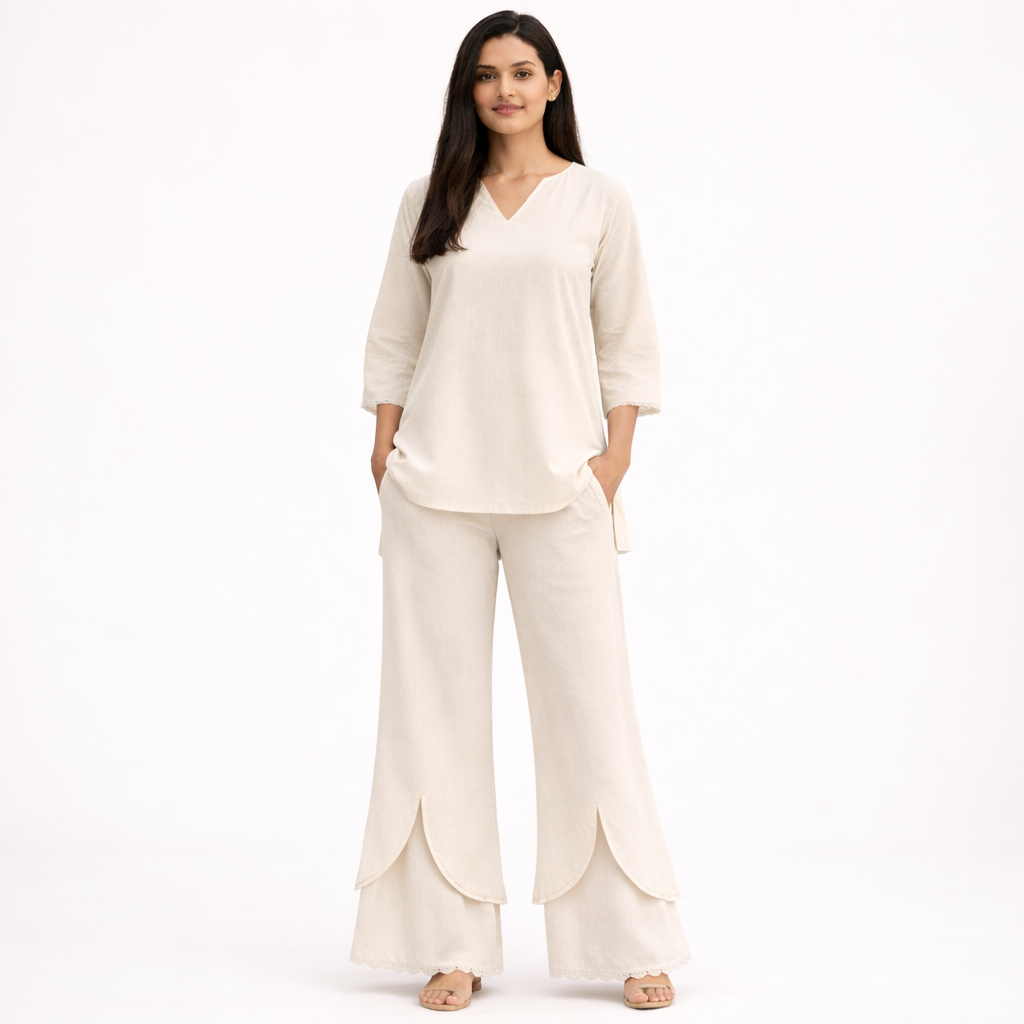 FLOWZO Women Comfortable Kurti Palazzo Set with Pockets | Stylish Curve Hem Kurti Pant Set for Women | Premium Home Wear Co-Ord Set